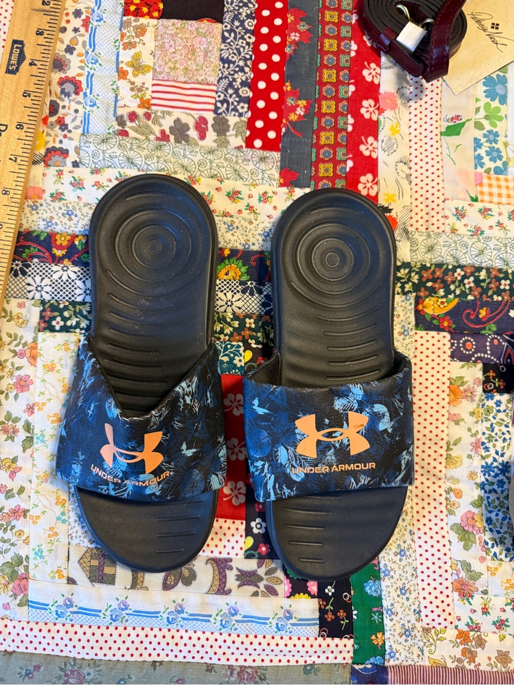 Under Armour Navy Blue Slide Sandals with Orange Logo